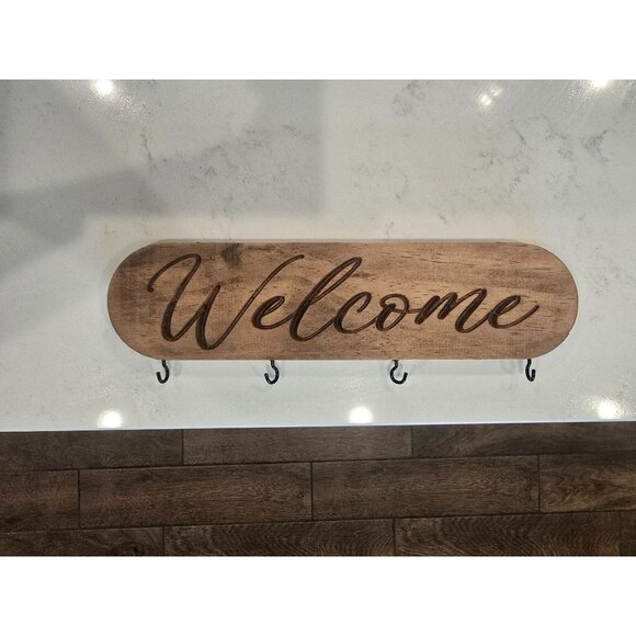 Rustic Wood "Welcome" Wall-Mounted Key Holder With 4 Hooks - Picture 2 of 4